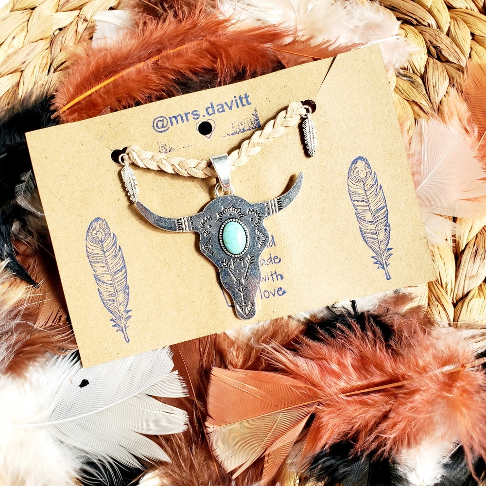 Turquoise Steer Head Western Necklace /choker - Picture 1 of 10